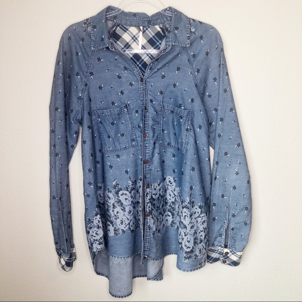 Free People Long Sleeve Floral Denim Chambray Lg